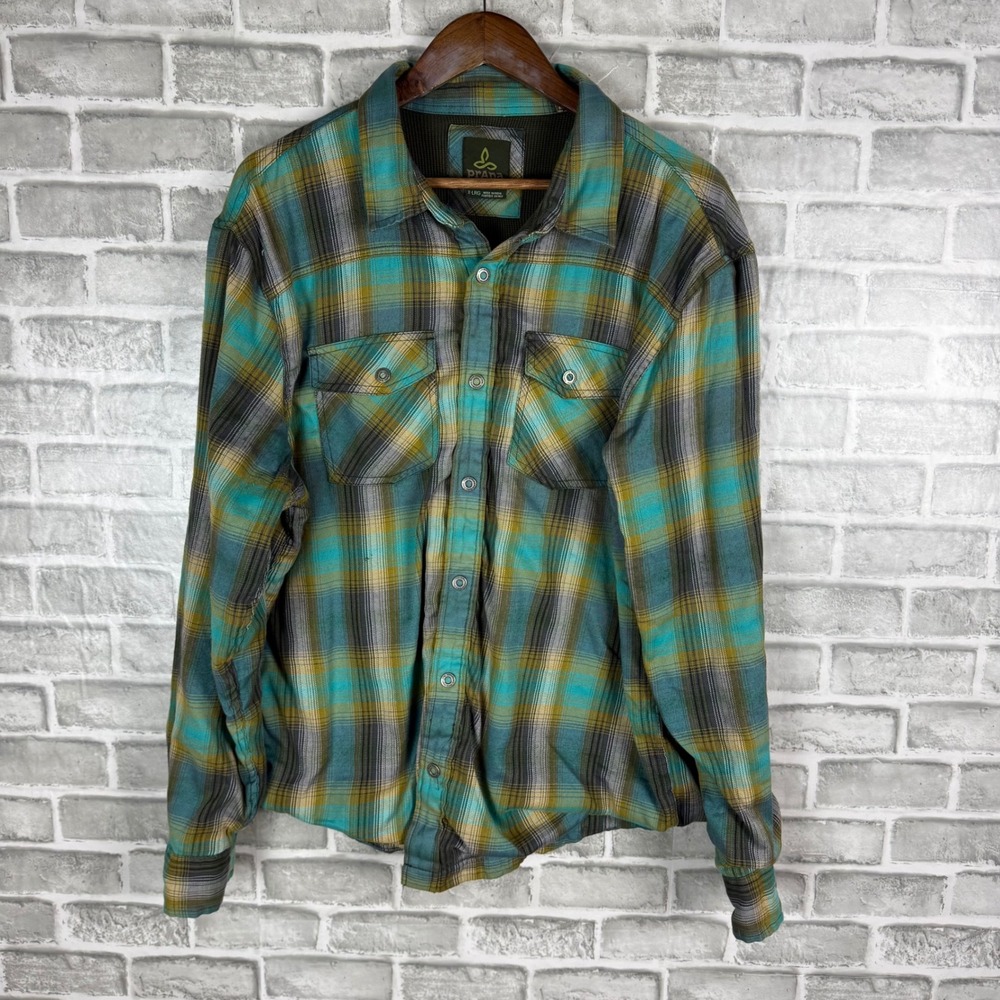 Prana Mens XL Waffle Lined Flannel Shirt Plaid Teal Yellow Grey Button Shakete